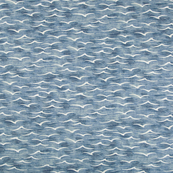 Patterned fabric with stylized wave design in calming blue color.