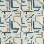 Abstract patterned fabric showcases geometric shapes in blue and beige.