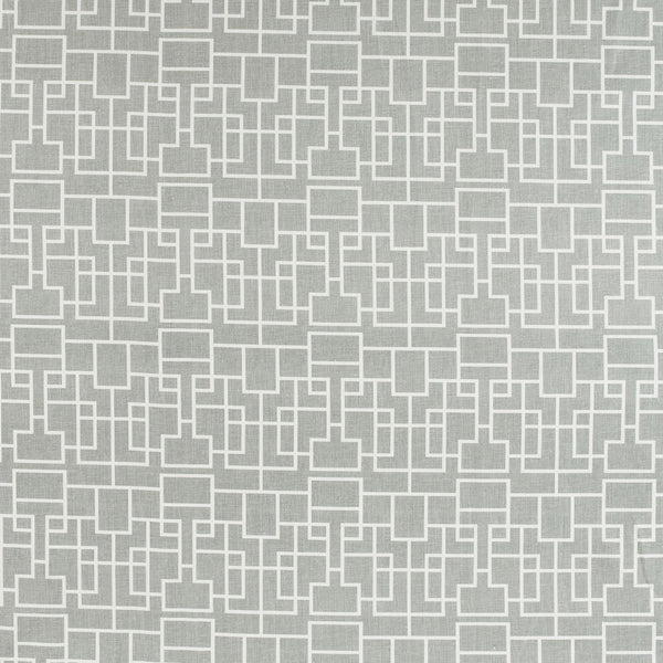 Modern and abstract fabric with geometric maze pattern in gray.