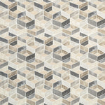 Geometric hexagonal tiles in neutral shades create a three-dimensional illusion.