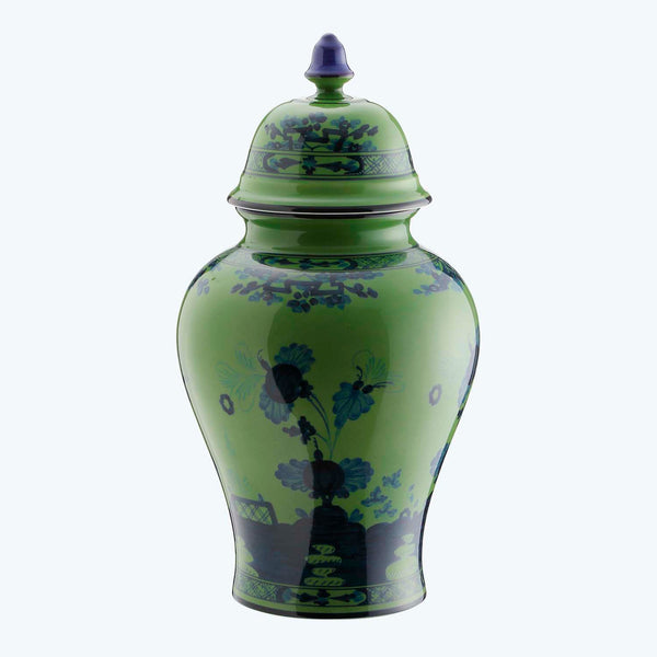 Green porcelain vase with blue floral patterns and lid detail