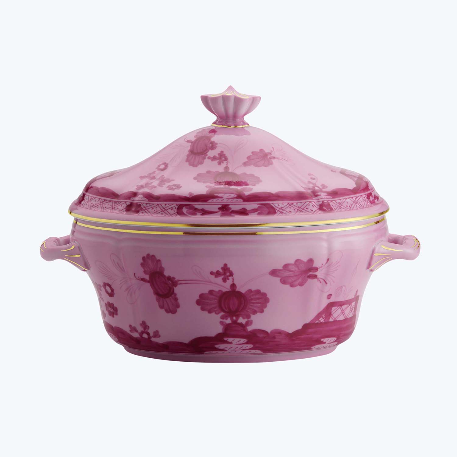 Vibrant pink decorative pot with floral patterns and elegant accents.