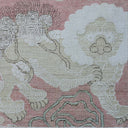 Intricate embroidered textile depicts stylized lion emerging from clouds or foliage.