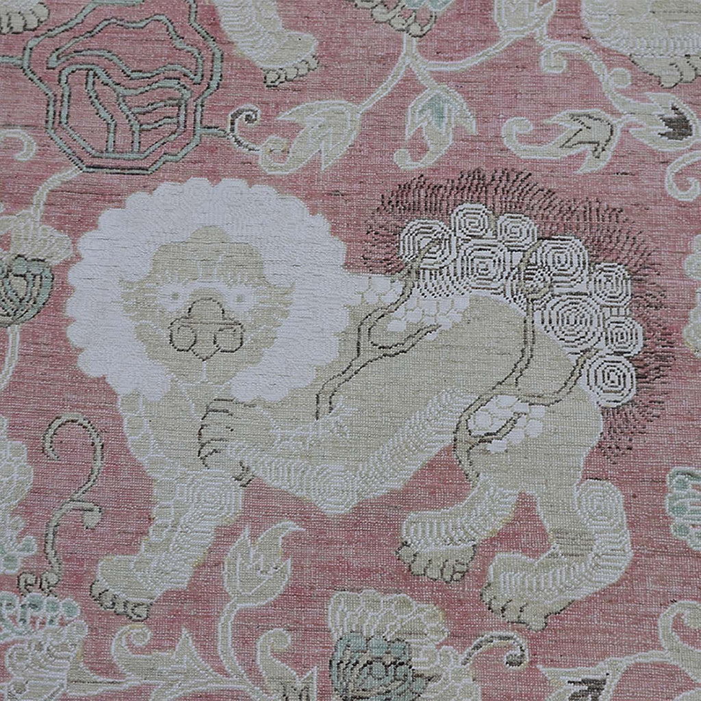 Intricate textile design features stylized lion amidst floral patterns.