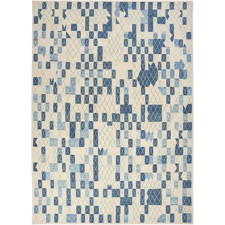 Abstract geometric pattern in shades of blue on cream background.