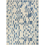 Abstract geometric pattern in shades of blue on cream background.