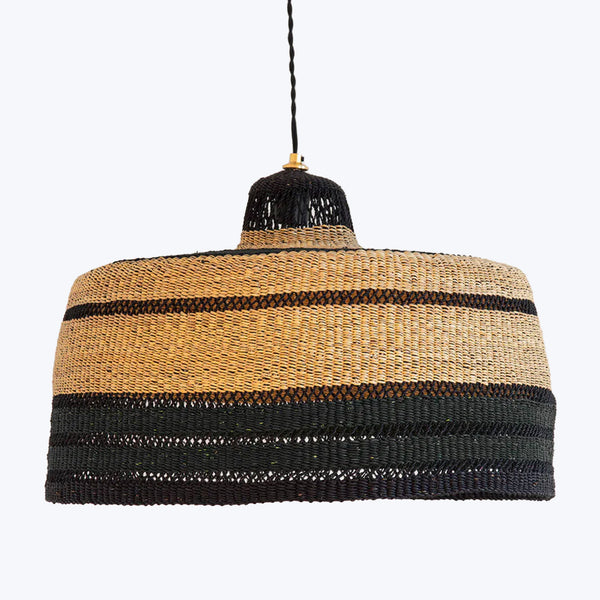 Rustic-contemporary pendant lamp with open weave and contrasting fittings.
