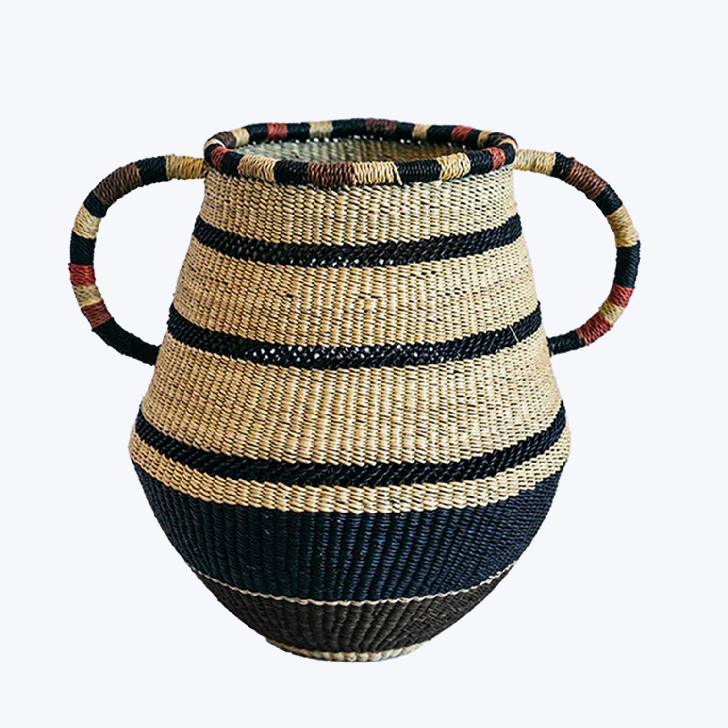 High-quality woven basket resembling a vase, adorned with colorful patterns.