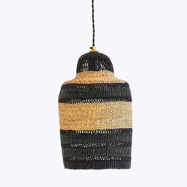 Intricately woven pendant light showcases artisanal craftsmanship with two-tone design.