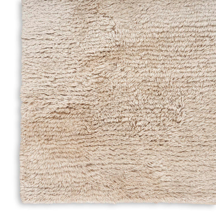 Close-up view of a soft, shaggy rug with varying tan shades.