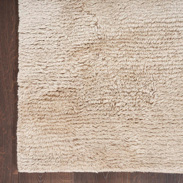 Contrasting textures of dark hardwood and fluffy cream carpeting.