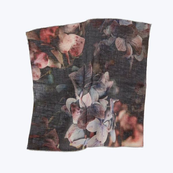 Vintage floral print fabric with wrinkled texture in muted colors.