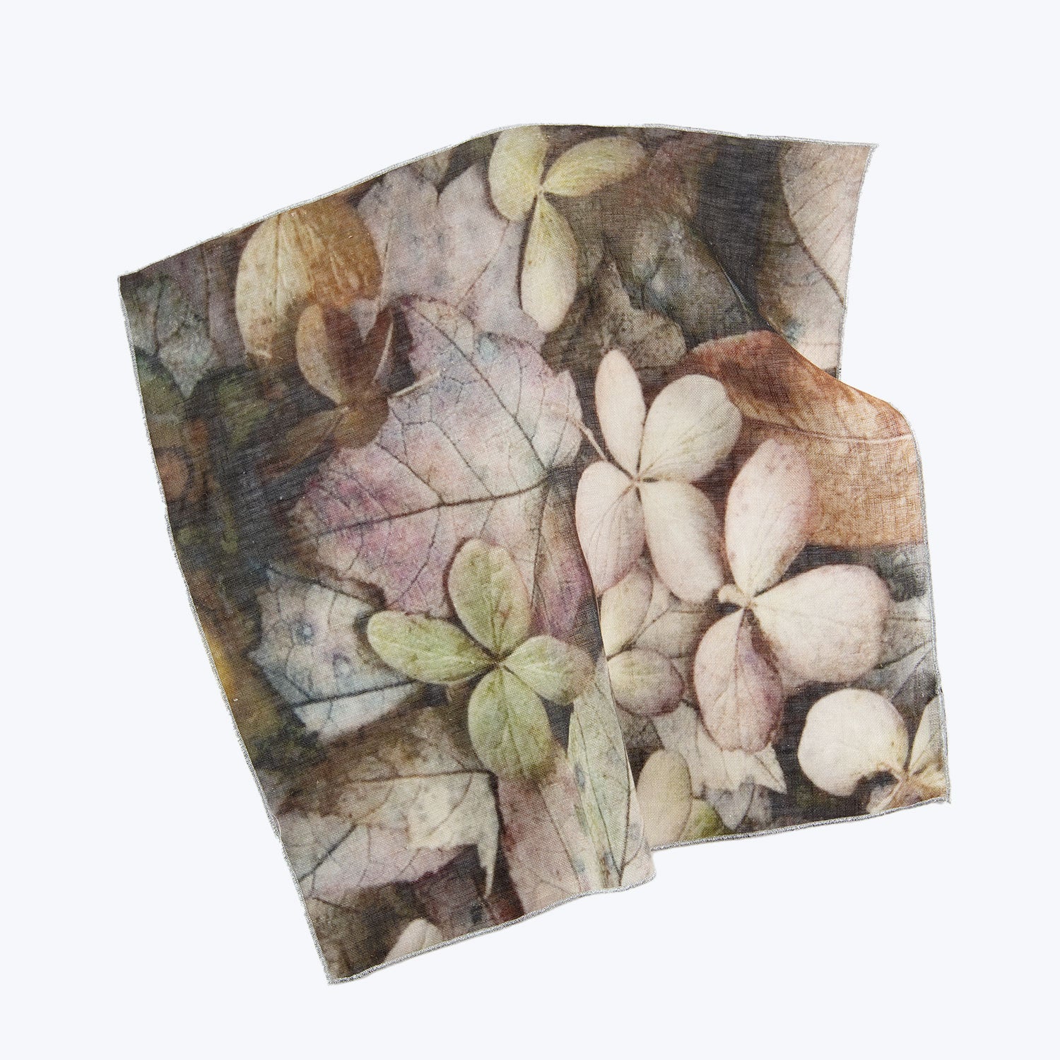 Colorful autumn leaves printed on crinkled paper, creating depth and texture.