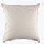 Square-shaped beige pillow with vertical striped pattern and brown trim