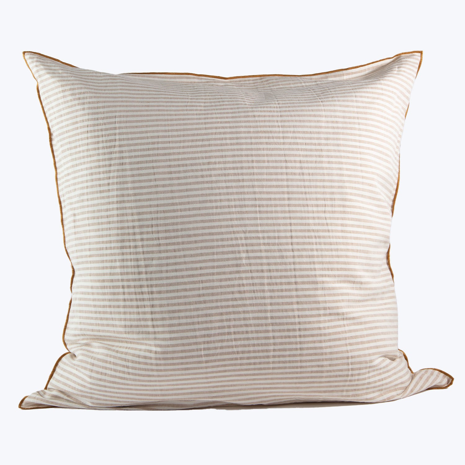 Square decorative pillow with subtle brown stripes and piping border.