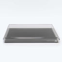 Sleek, glass-like tray with raised edges and metallic accents.