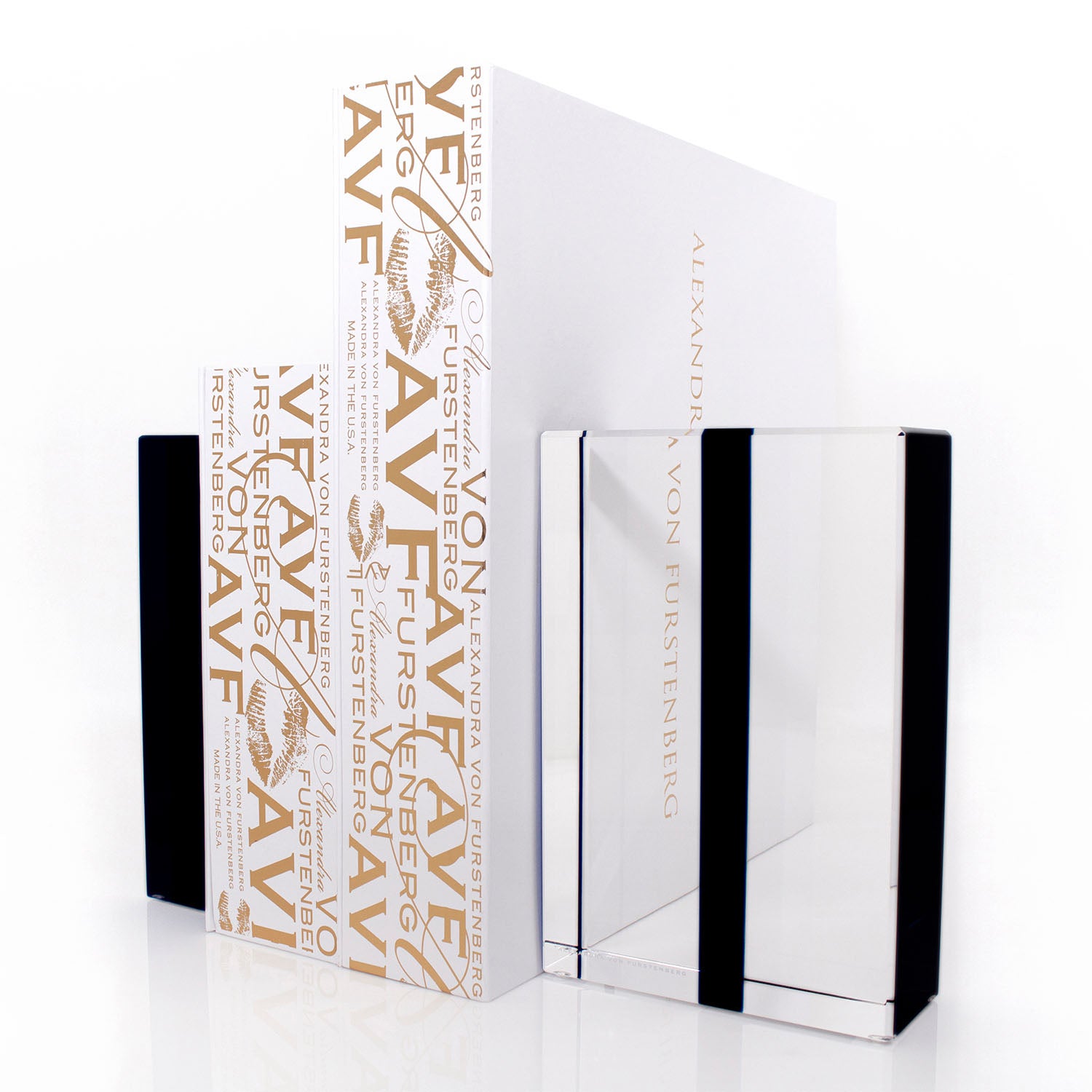 Modern, minimalist bookends featuring elegant gold text and sleek design.