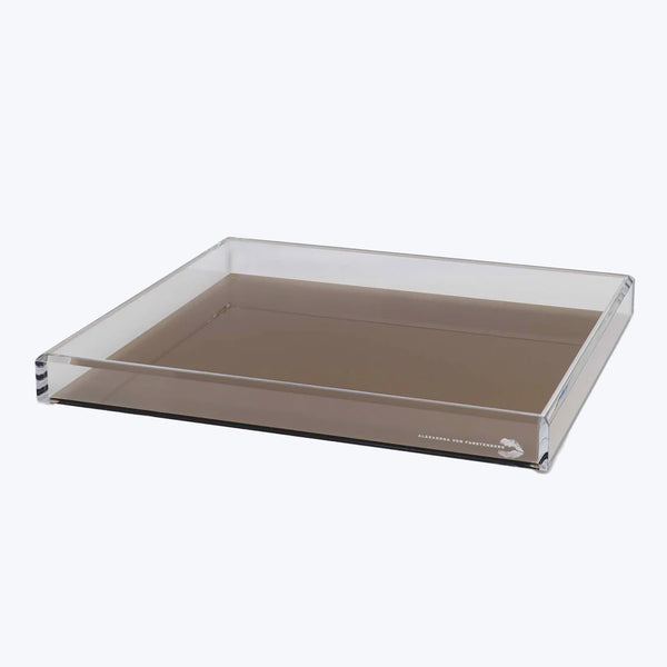 Rectangular acrylic tray with raised edges, reflecting surface for display.