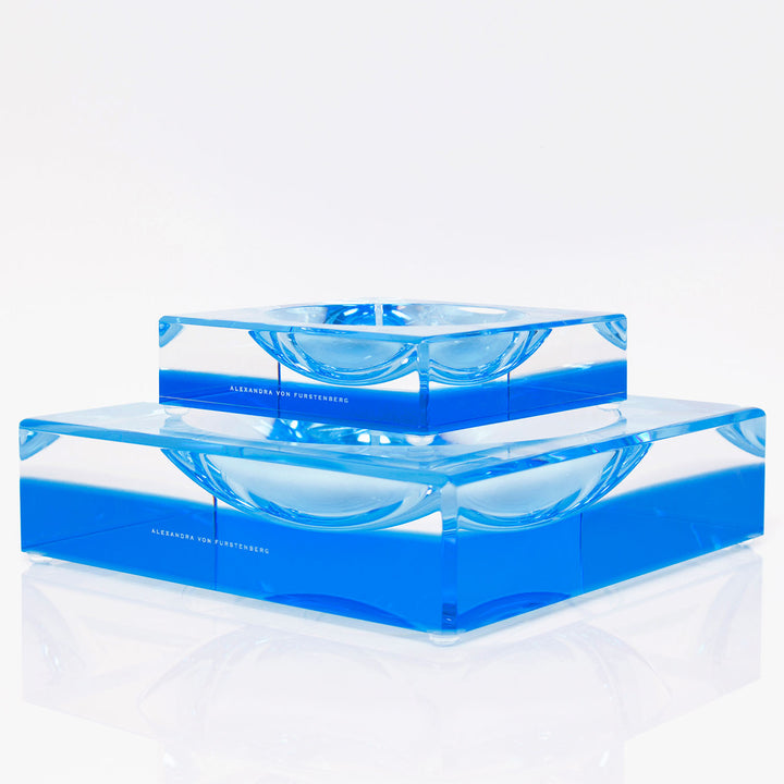 Shimmering blue acrylic decorative pieces by Alexandra von Furstenberg.