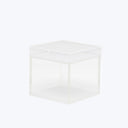 Minimalist clear acrylic box with lid on a white background.