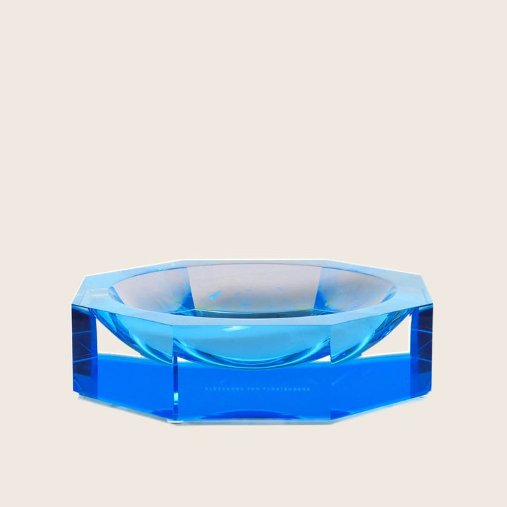 Modern translucent blue bowl with geometric design by Alexandra von Furstenberg.