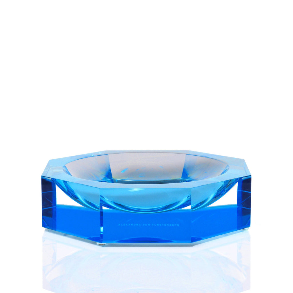 Modern translucent blue bowl with geometric design by Alexandra von Furstenberg.