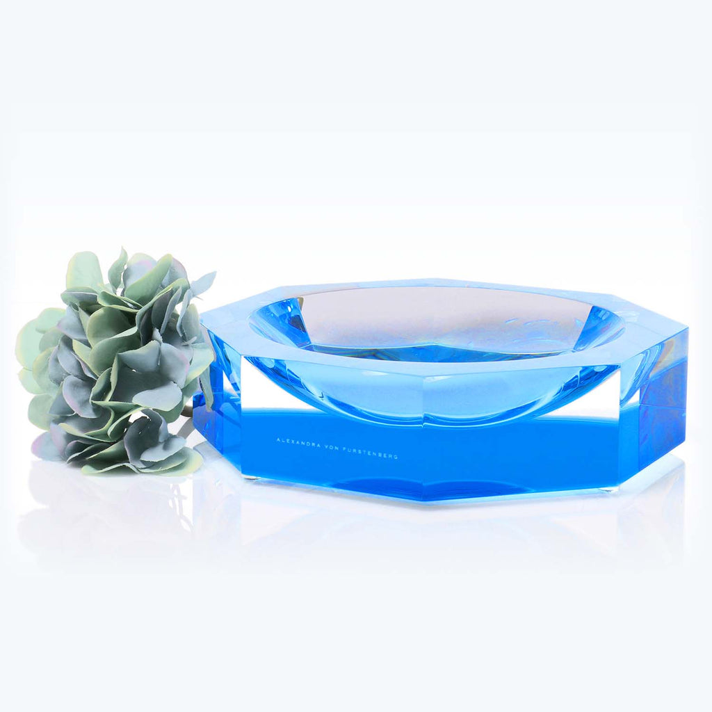 Luxurious blue acrylic dish by Alexandra von Furstenberg with succulent