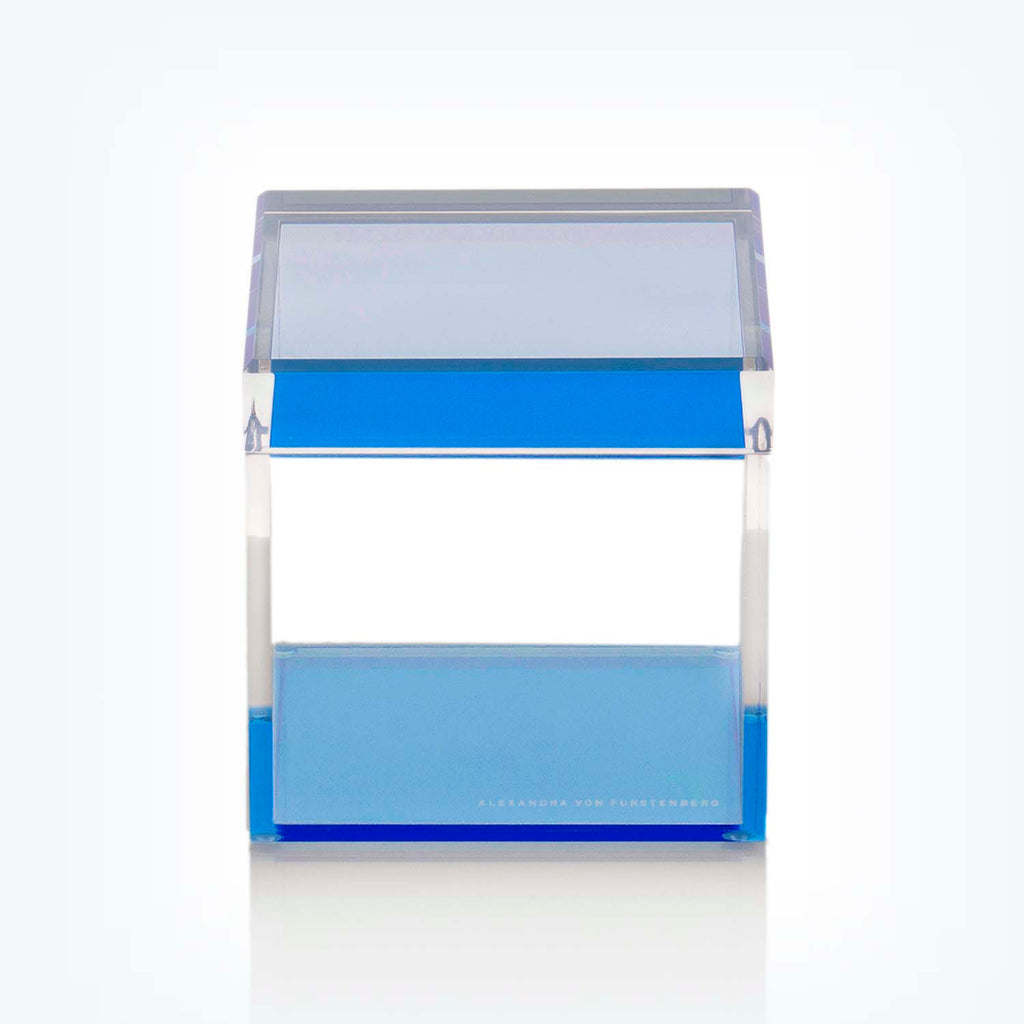 Contemporary acrylic box with vibrant blue panels and sleek design.