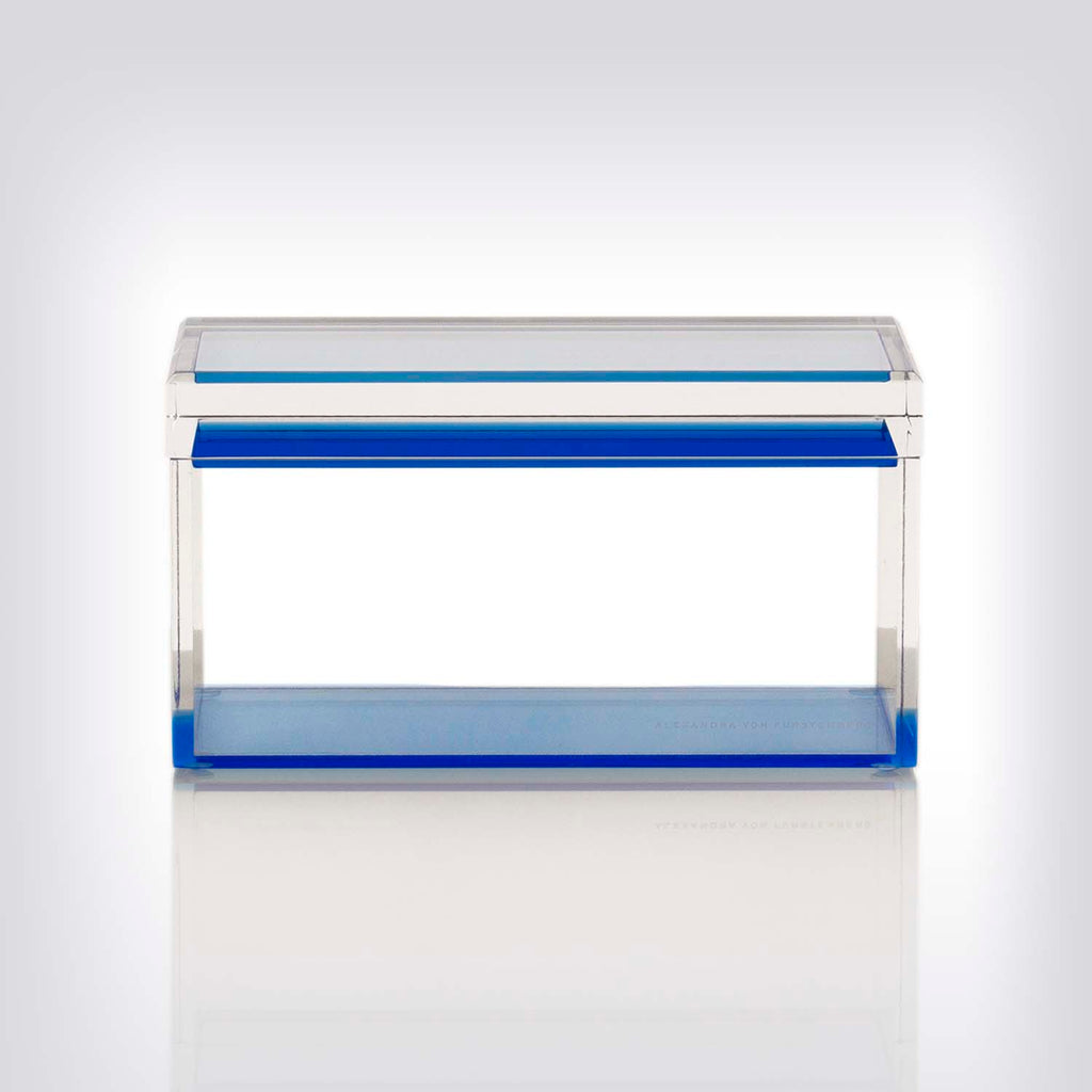 Minimalistic and modern clear acrylic tank with blue borders.