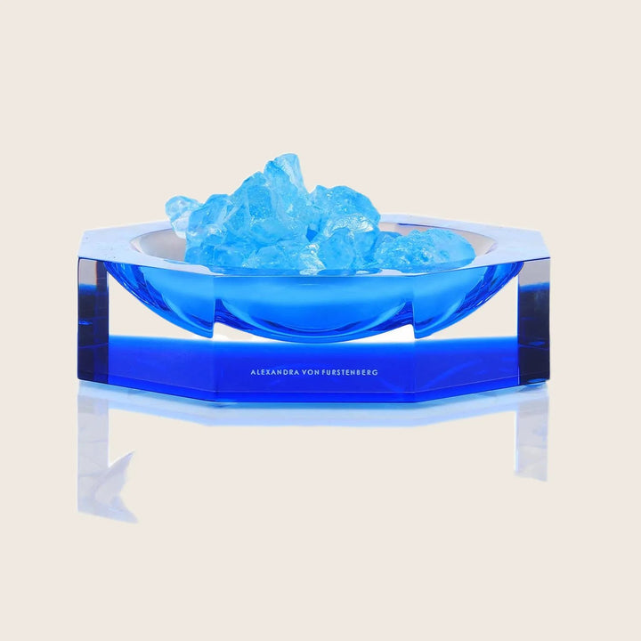 Transparent blue acrylic bowl with intricate ice-like design by Alexandra von Furstenberg.