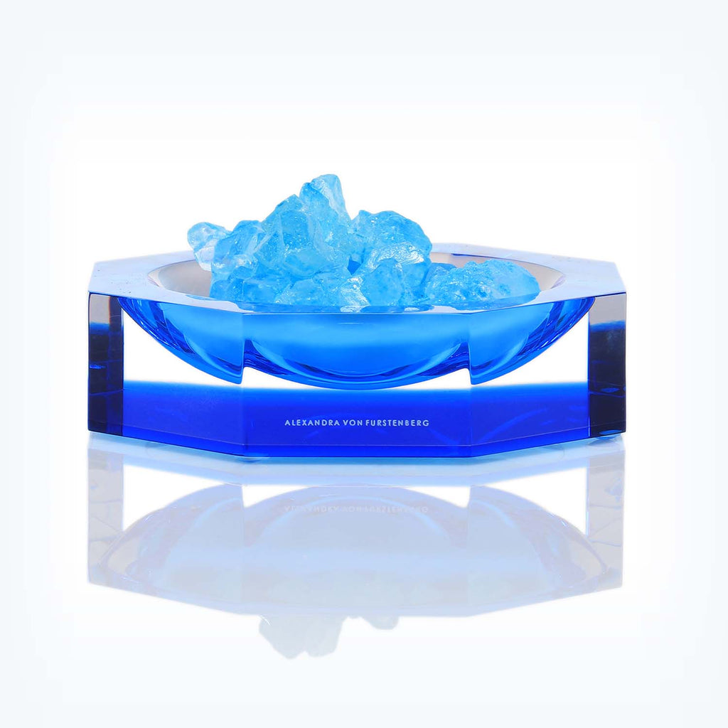 Transparent blue acrylic bowl with intricate ice-like design by Alexandra von Furstenberg.