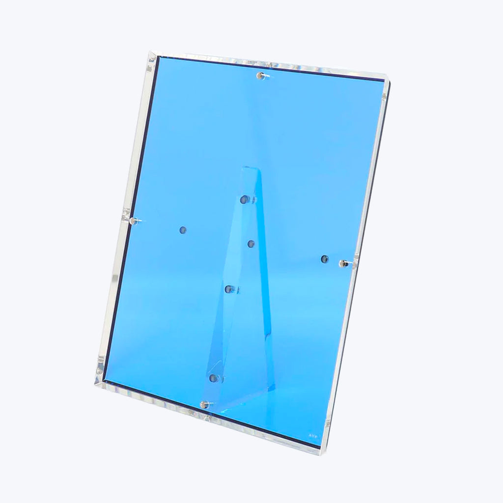 Transparent blue acrylic stand with metallic fixtures for displaying information.