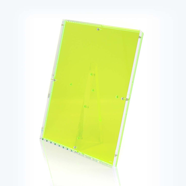 Neon green acrylic brochure holder with a sleek, modern design.