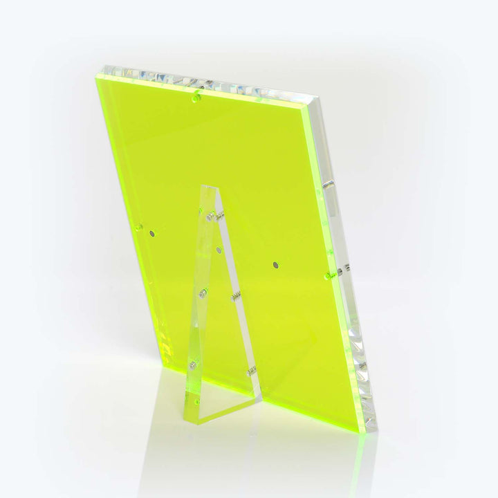 Neon green acrylic display stand with sturdy construction and bolts.