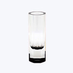 Modern, minimalist designer vase with transparent body and textured ridges.