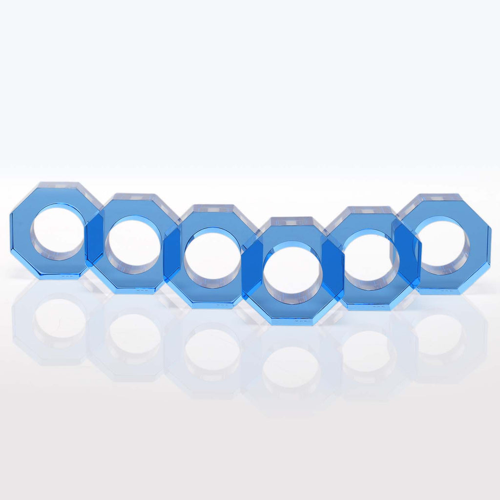 An interconnected chain of blue hexagonal rings creating a 3D effect.