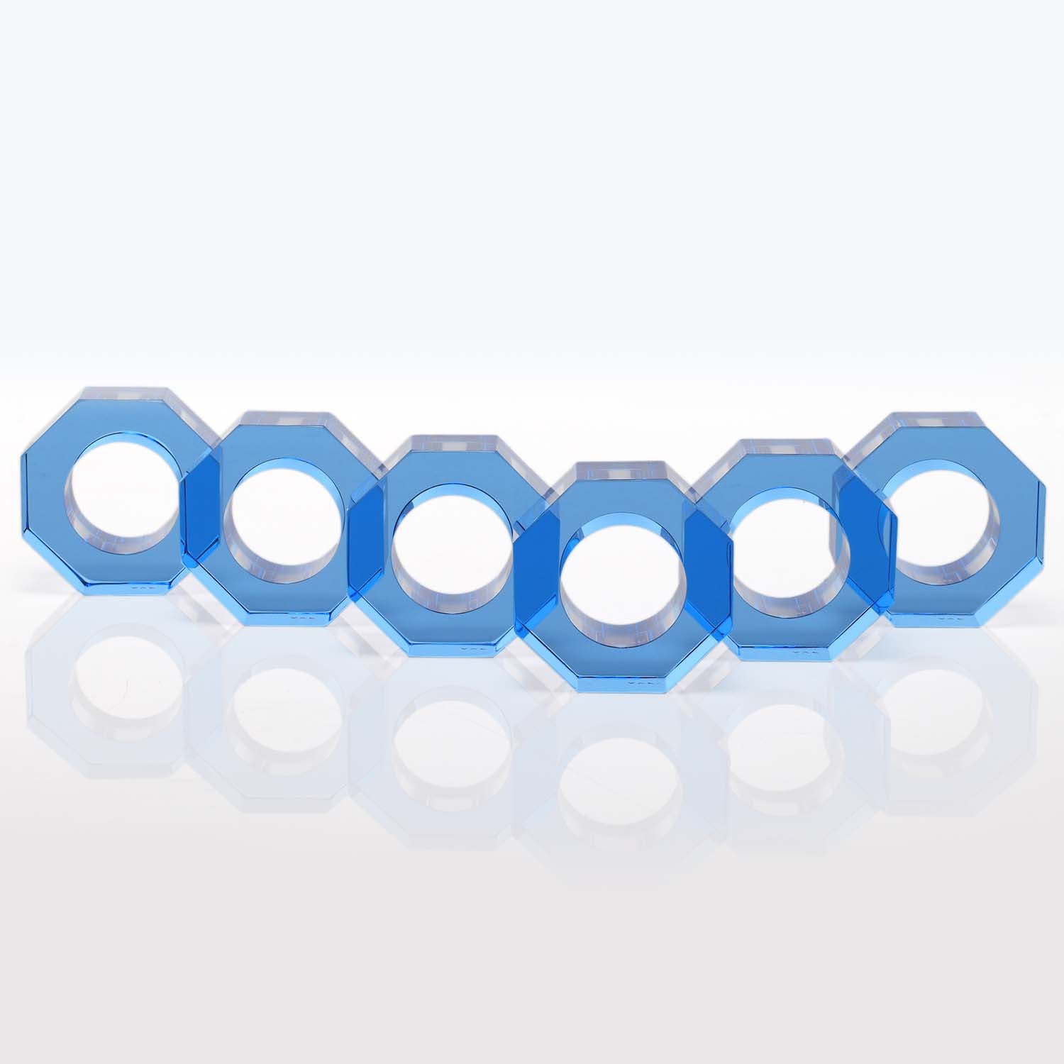 An interconnected chain of blue hexagonal rings creating a 3D effect.