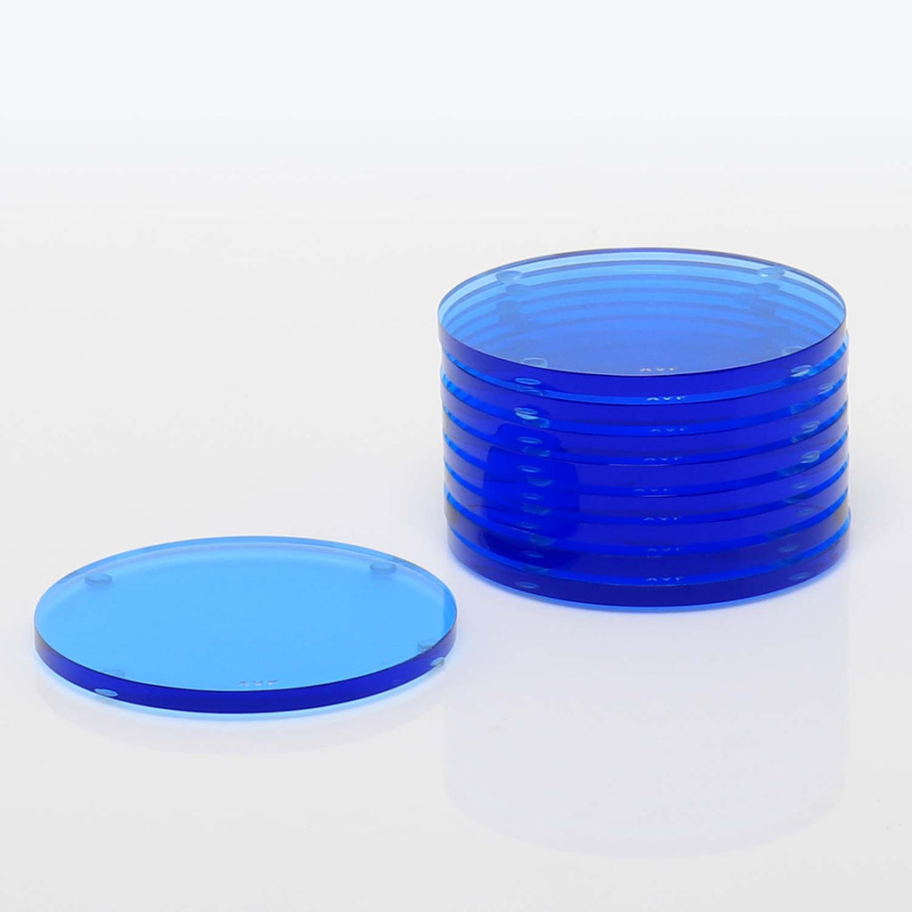 Blue plastic Petri dishes and lid on a clean white surface.