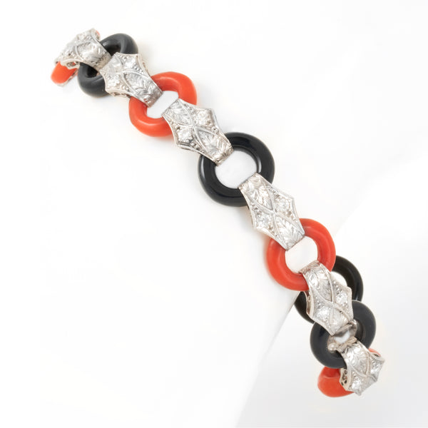 Vintage Coral, Onyx and Diamond Bracelet Default Title