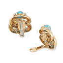 Exquisite gold-tone earrings with turquoise stones and intricate metalwork.