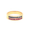 Elegant gold ring with dual rows of dark blue and pinkish-red gemstones.