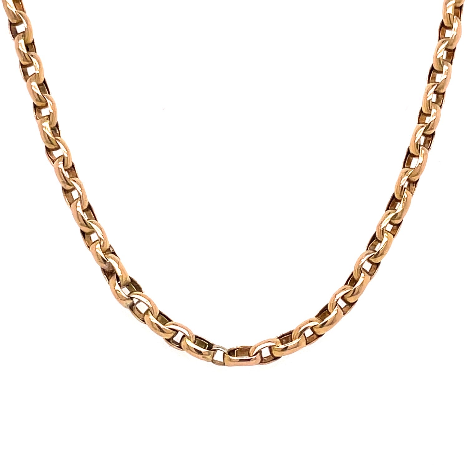 Shiny gold chain with interlocked links creates a stylish accessory.