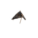 Dark metal hairpin with intricate grid-like design and industrial aesthetic.