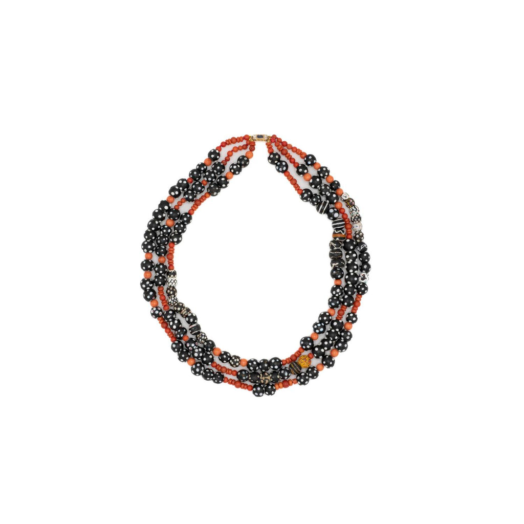 Three-Strand Ancient Glass and Coral Bead Necklace with Antique Sapphire and Diamond Clasp Default Title