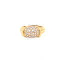 Gold ring with rectangular cluster of diamonds, intricate ridged detailing.