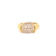 Gold ring with rectangular cluster of diamonds, intricate ridged detailing.