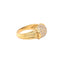 Gold ring with layered design and simulated diamond encrusted top.