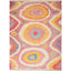 Abstract, geometric pattern rug with vibrant colors and fringe detail.