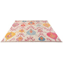 Intricately designed area rug with Middle Eastern influences and pastel colors.