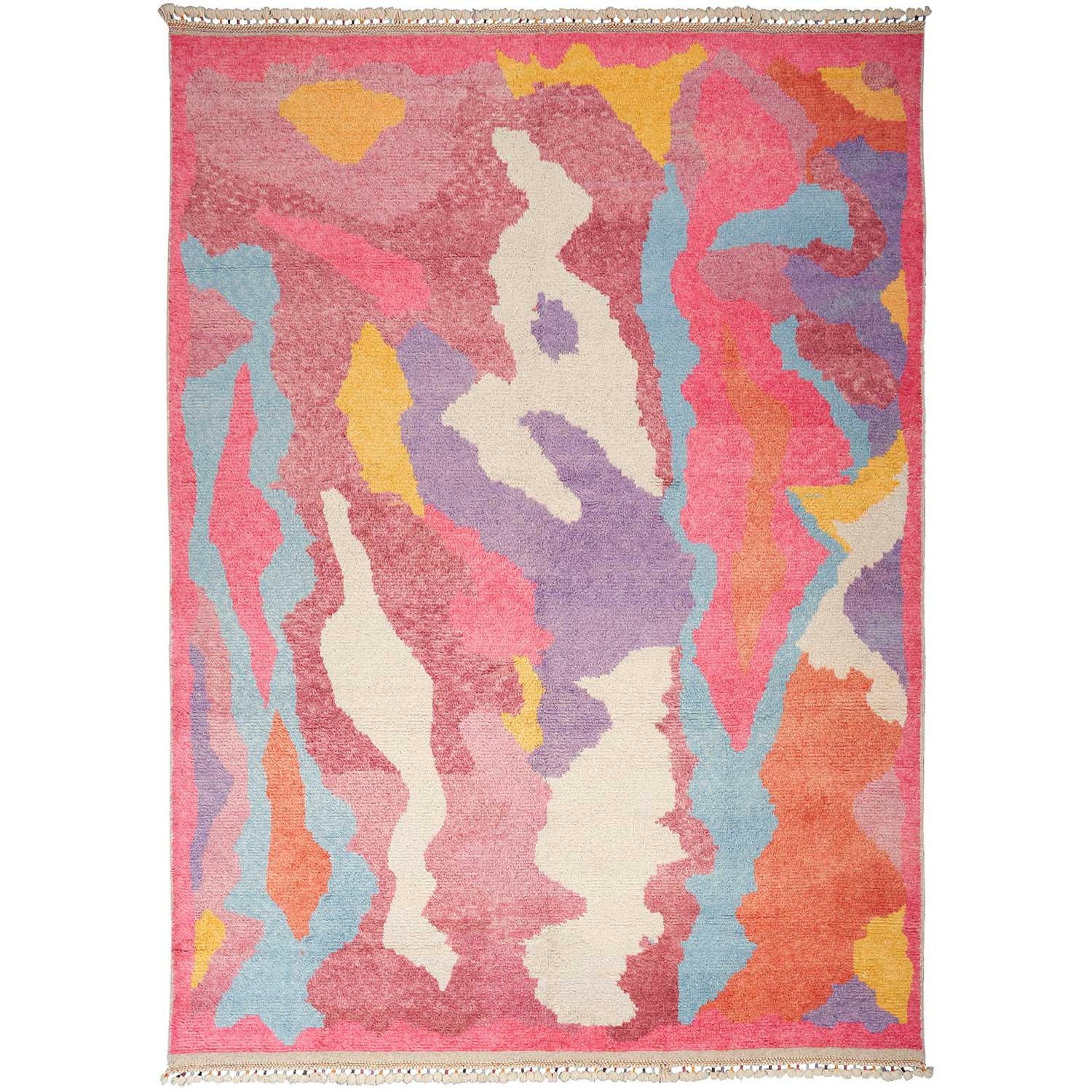 Vibrant hand-woven area rug with abstract interlocking shapes and fringe.
